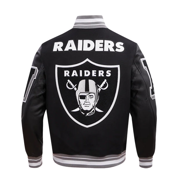 PRO STANDARD MEN'S NFL LAS VEGAS RAIDERS MASHUP RIB WOOL BLACK/GREY VARSITY JACKET